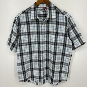 Quiksilver Short Sleeve Button Shirt Men's L Gray‎ Plaid Print Pocket Logo Vtg